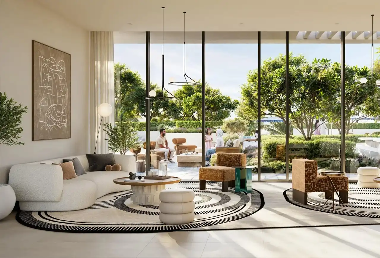 Altan at Dubai Creek Harbour by Emaar Properties open plan living area with floor to ceiling windows and landscaped garden views in Dubai - Presented by Tohid Fetrat