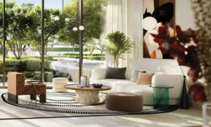 Altan at Dubai Creek Harbour by Emaar Properties contemporary living room interior with floor to ceiling windows and garden views in Dubai - Presented by Tohid Fetrat
