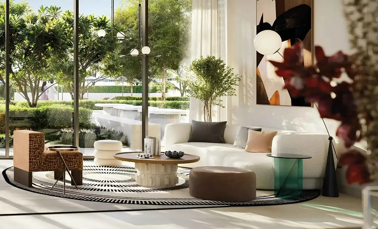 Altan at Dubai Creek Harbour by Emaar Properties contemporary living room interior with floor to ceiling windows and garden views in Dubai - Presented by Tohid Fetrat