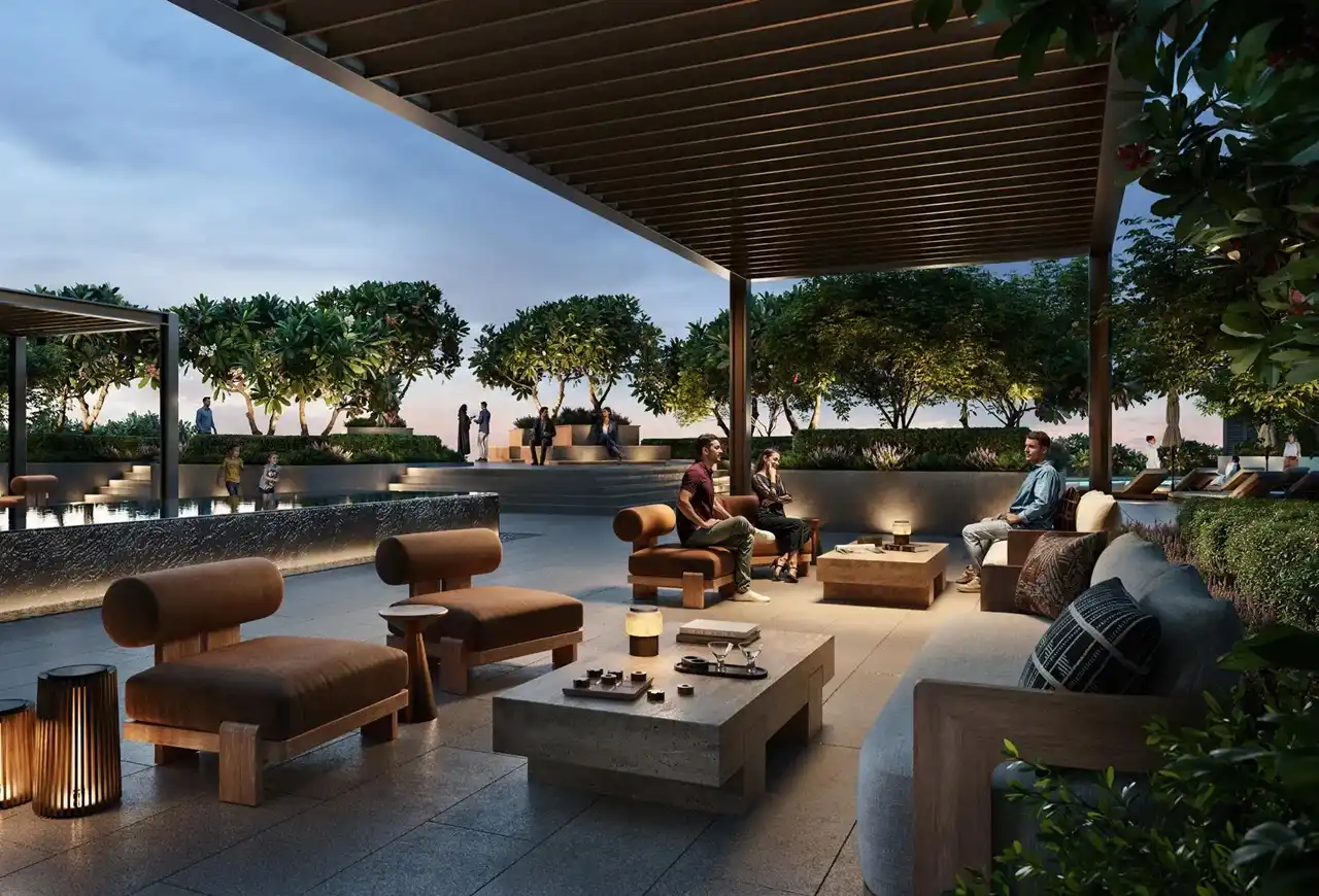 Altan at Dubai Creek Harbour by Emaar Properties outdoor lounge and social seating area surrounded by landscaped gardens and water features in Dubai - Presented by Tohid Fetrat