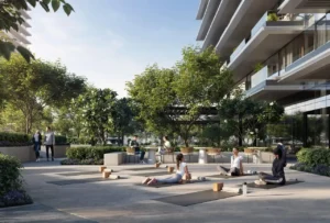 Altan at Dubai Creek Harbour by Emaar Properties outdoor wellness and yoga area surrounded by landscaped gardens and residential spaces in Dubai - Presented by Tohid Fetrat