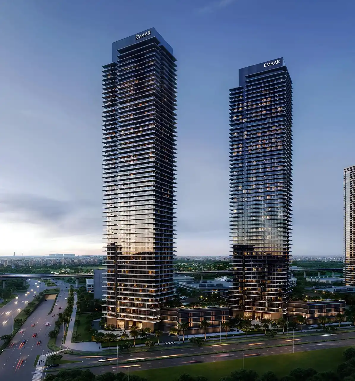 Altan at Dubai Creek Harbour by Emaar Properties modern residential tower exterior elevation with illuminated façade and podium architecture in Dubai - Presented by Tohid Fetrat