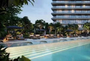 Altan at Dubai Creek Harbour by Emaar Properties resort style swimming pool surrounded by landscaped gardens and luxury leisure amenities in Dubai - Presented by Tohid Fetrat