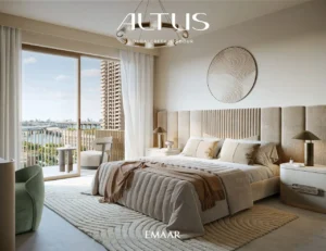 Altus at Dubai Creek Harbour by Emaar Properties luxury bedroom interior with floor to ceiling windows balcony access and waterfront views in Dubai Presented by Tohid Fetrat
