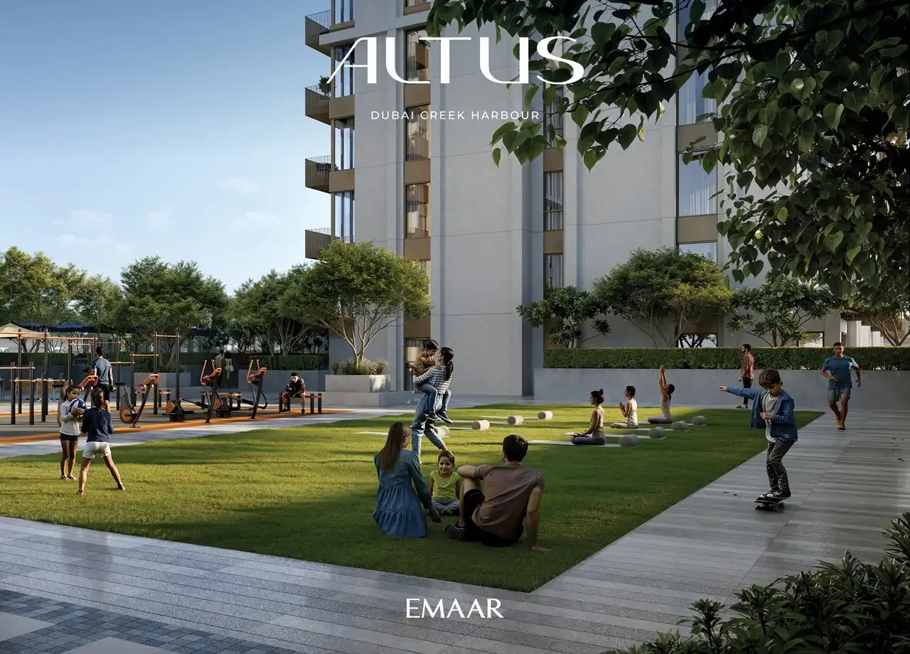 Altus at Dubai Creek Harbour by Emaar Properties landscaped community garden with outdoor fitness area open lawn spaces and family friendly amenities in Dubai Presented by Tohid Fetrat