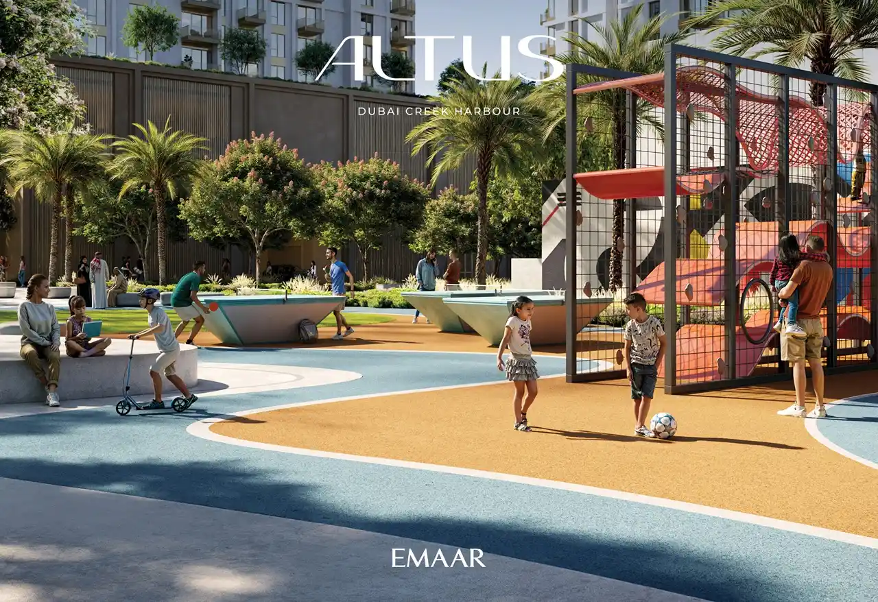 Altus at Dubai Creek Harbour by Emaar Properties outdoor children's playground with family recreation areas landscaped surroundings and community amenities in Dubai Presented by Tohid Fetrat