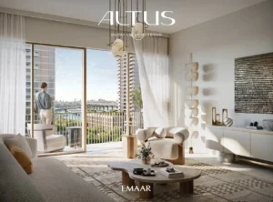 Altus at Dubai Creek Harbour by Emaar Properties contemporary living room interior with balcony access natural light and waterfront views in Dubai Presented by Tohid Fetrat