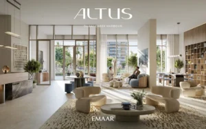 Altus at Dubai Creek Harbour by Emaar Properties luxury lobby interior with lounge seating double height spaces and contemporary design in Dubai Presented by Tohid Fetrat
