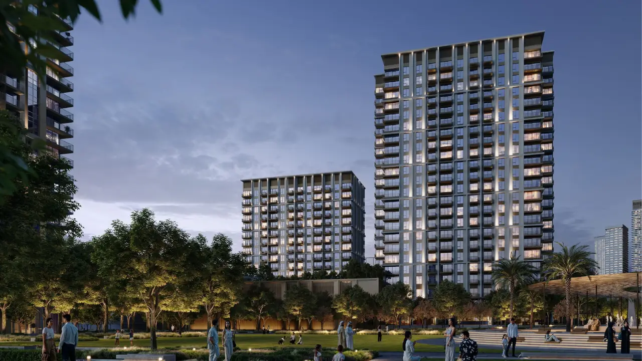 Altus at Dubai Creek Harbour by Emaar Properties residential towers overlooking landscaped community park spaces and outdoor leisure areas in Dubai Presented by Tohid Fetrat