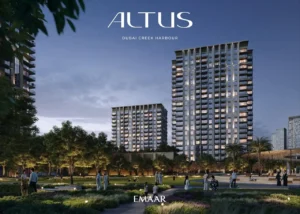 Altus at Dubai Creek Harbour by Emaar Properties residential towers overlooking landscaped park spaces at dusk in Dubai Presented by Tohid Fetrat