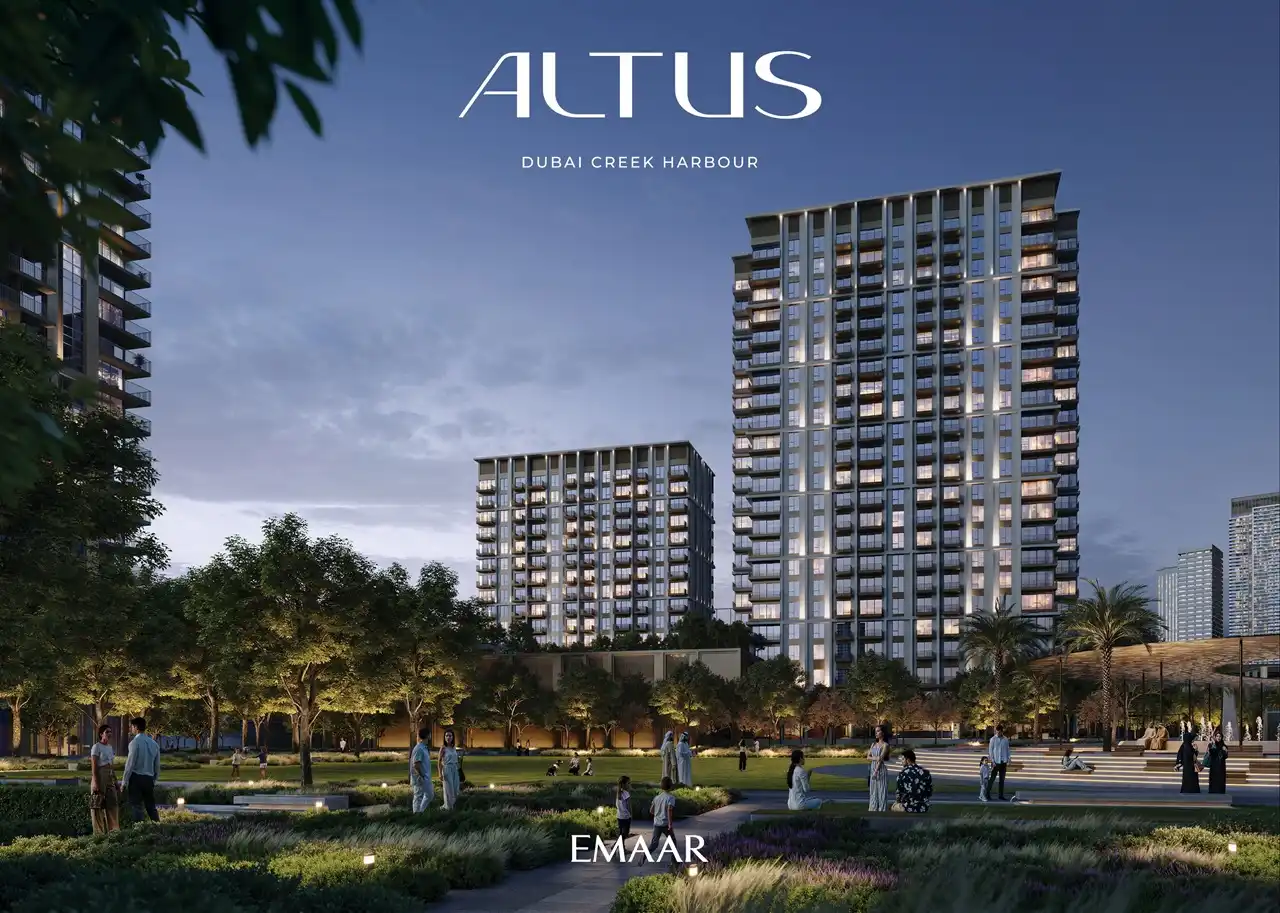 Altus at Dubai Creek Harbour by Emaar Properties residential towers overlooking landscaped park spaces at dusk in Dubai Presented by Tohid Fetrat