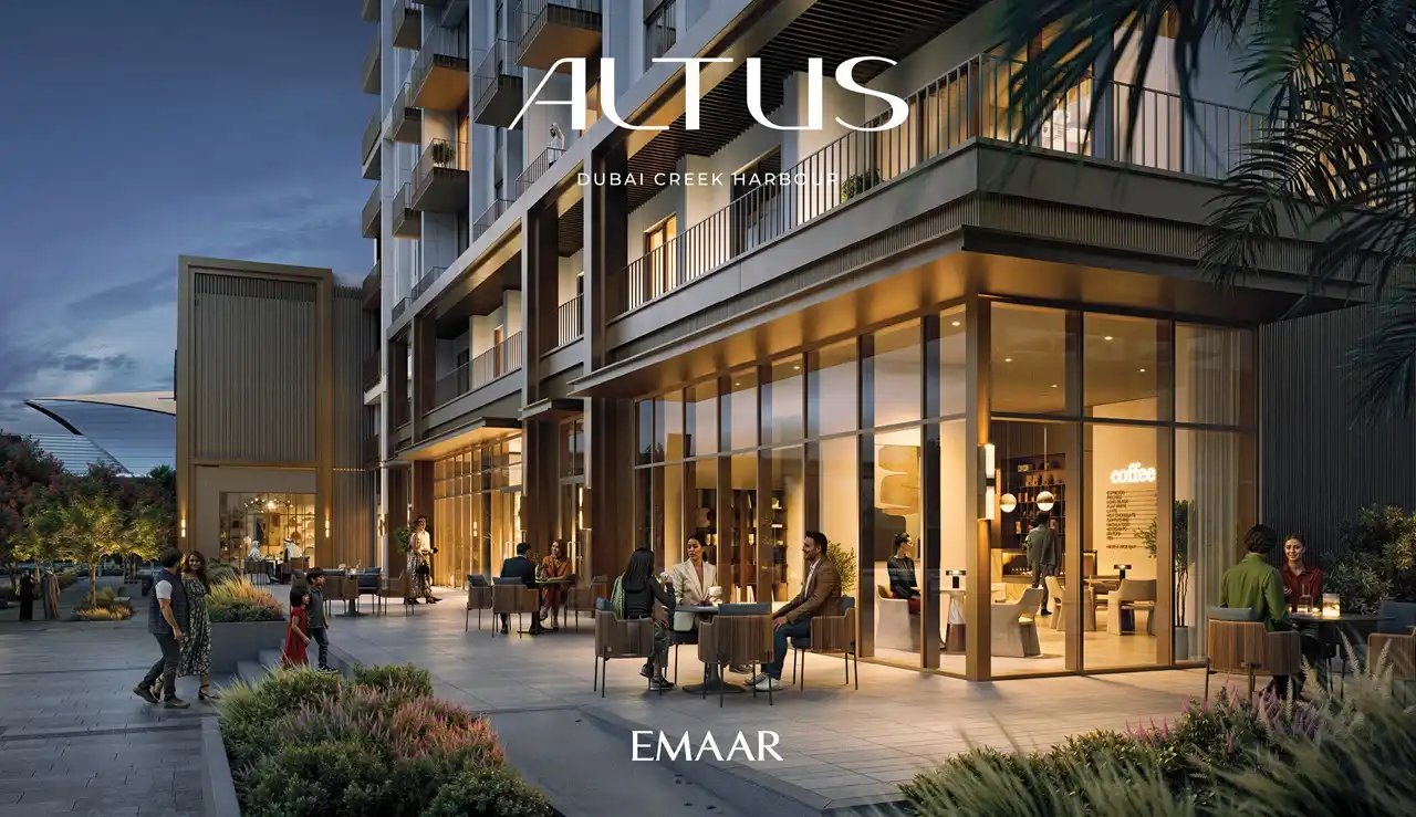 Altus at Dubai Creek Harbour by Emaar Properties retail promenade with outdoor cafe seating landscaped walkways and vibrant lifestyle spaces in Dubai Presented by Tohid Fetrat