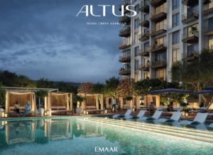 Altus at Dubai Creek Harbour by Emaar Properties resort style swimming pool with private cabanas sun loungers and landscaped leisure spaces in Dubai Presented by Tohid Fetrat