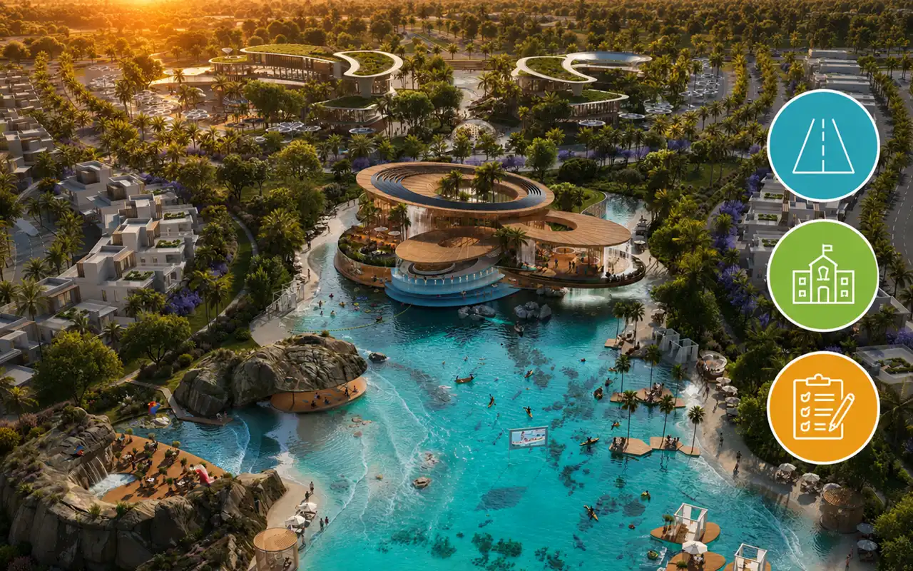 Analyze Location and Community Potential featuring a master planned waterfront community with resort style lagoons landscaped parks and premium residential neighborhoods in Dubai Presented by Tohid Fetrat