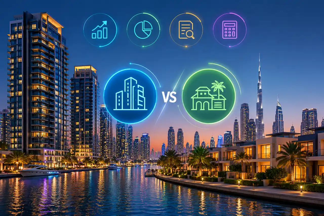 Apartment ROI vs Villa ROI comparison in Dubai featuring waterfront apartment towers luxury villas investment performance and rental yield indicators Presented by Tohid Fetrat