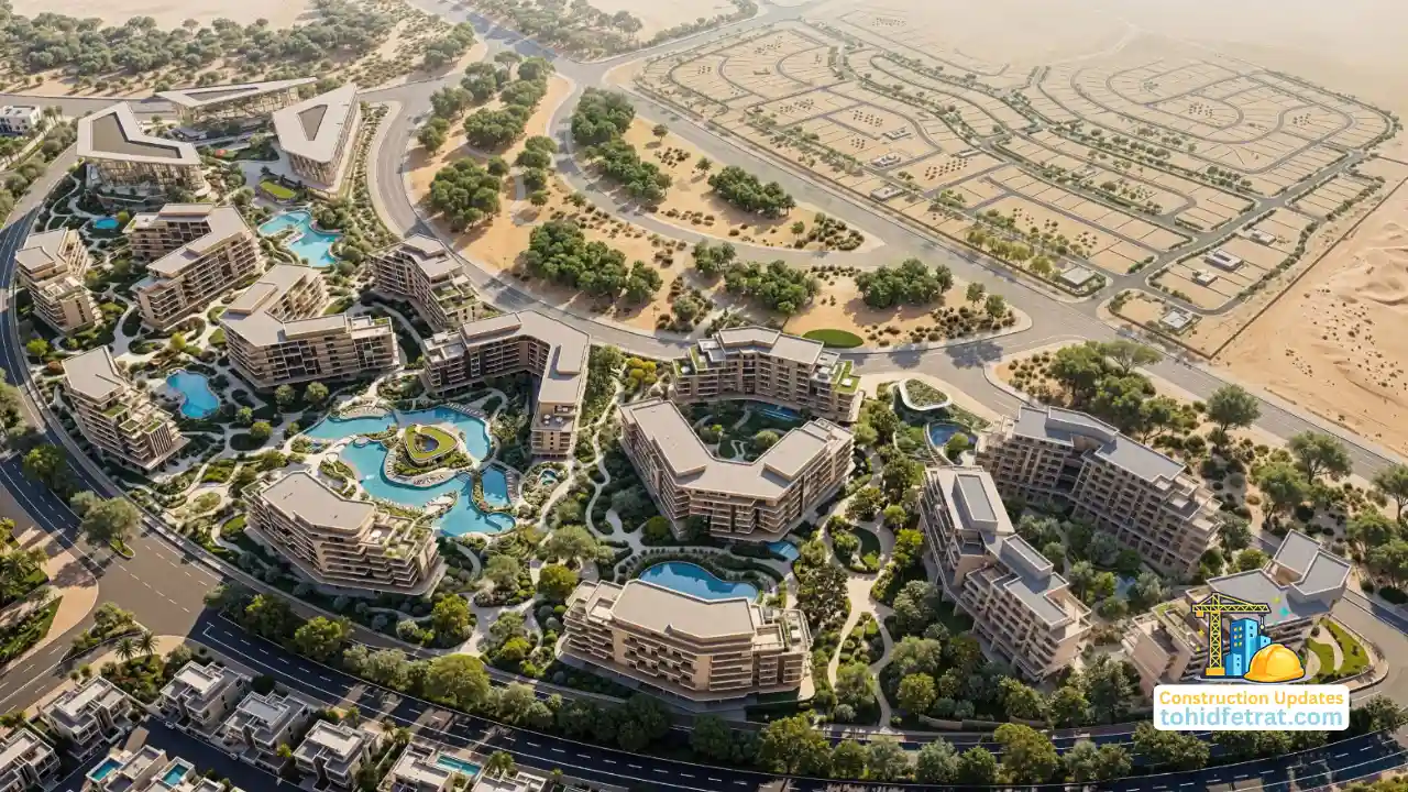 Arancia at The Yards Construction Updates showing an aerial view of the development layout, residential buildings, landscaped areas, and water features Presented by Tohid Fetrat