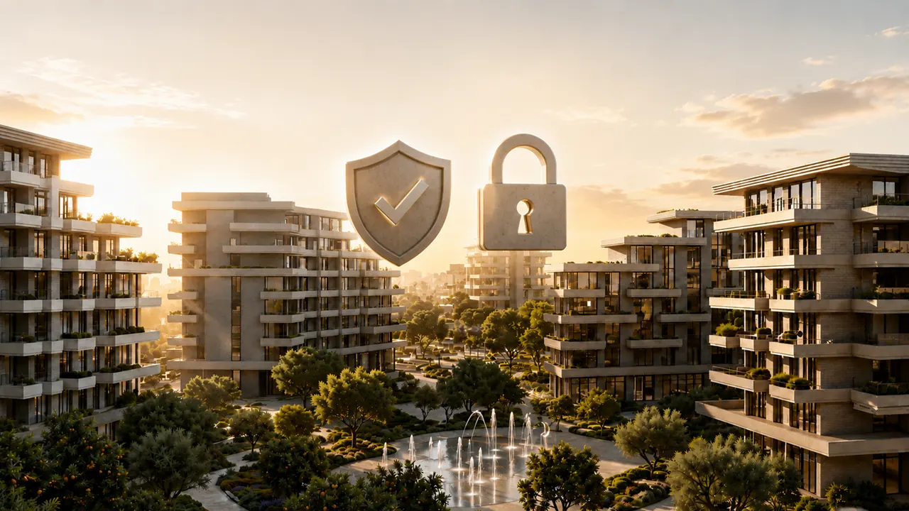 Arancia at The Yards escrow account illustration featuring secure residential buildings with shield and lock protection symbols Presented by Tohid Fetrat
