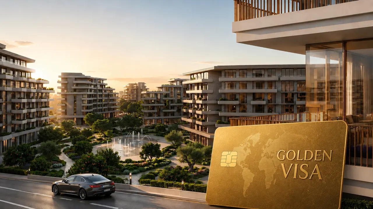 Arancia at The Yards Golden Visa image featuring contemporary residences, landscaped gardens, and a UAE Golden Visa card Presented by Tohid Fetrat