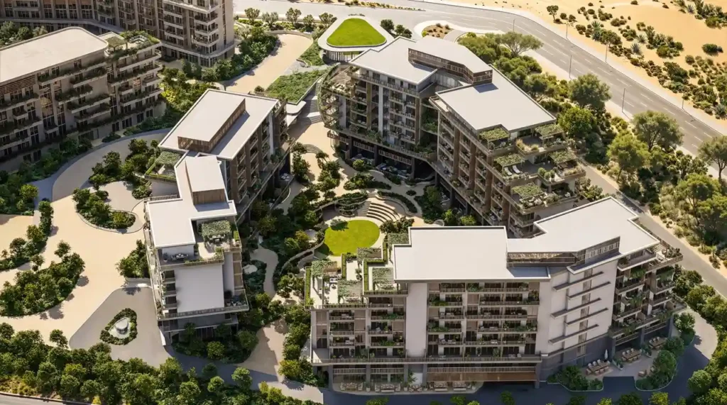 Aerial masterplan view of Arancia at The Yards by Beyond Developments showcasing residential buildings, landscaped courtyards, and community design in Dubai - Presented by Tohid Fetrat