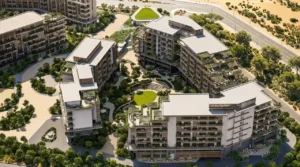 Aerial masterplan view of Arancia at The Yards by Beyond Developments showcasing residential buildings, landscaped courtyards, and community design in Dubai - Presented by Tohid Fetrat