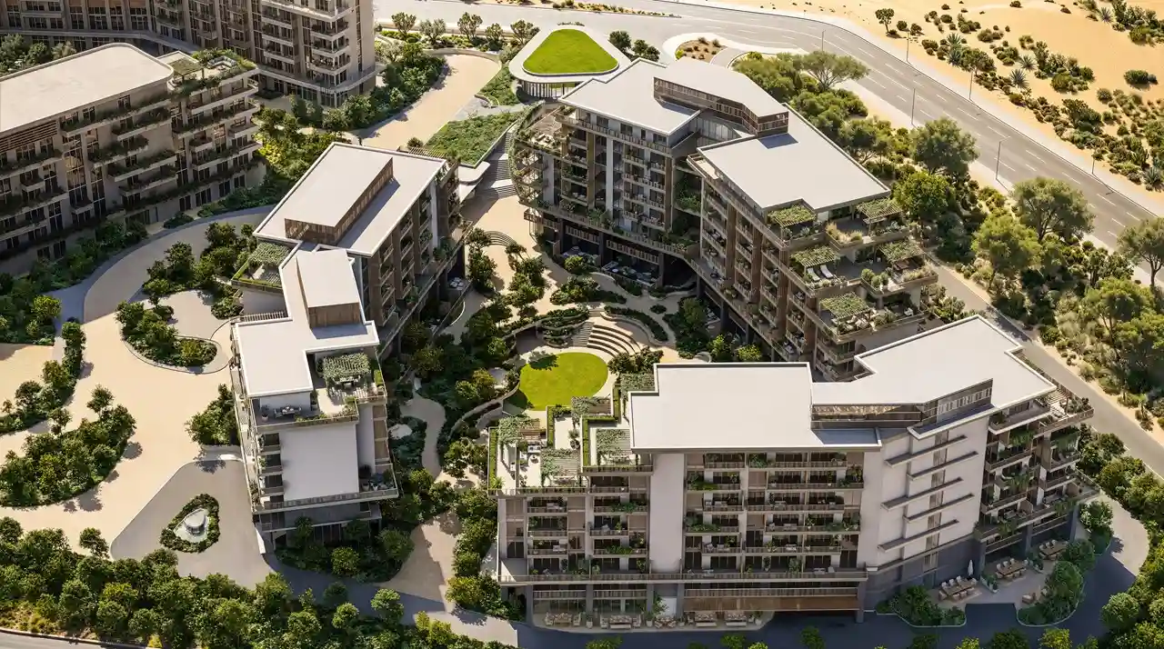 Aerial masterplan view of Arancia at The Yards by Beyond Developments showcasing residential buildings, landscaped courtyards, and community design in Dubai - Presented by Tohid Fetrat