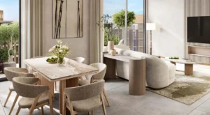 Arancia at The Yards by Beyond Developments apartment living and dining area interior with contemporary finishes in Dubai Presented by Tohid Fetrat