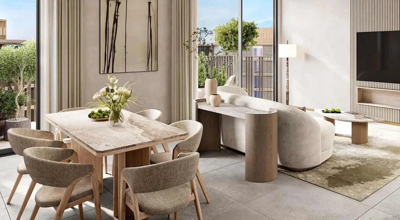 Arancia at The Yards by Beyond Developments apartment living and dining area interior with contemporary finishes in Dubai Presented by Tohid Fetrat