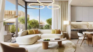 Arancia at The Yards by Beyond Developments apartment living room and open kitchen interior in Dubai Presented by Tohid Fetrat