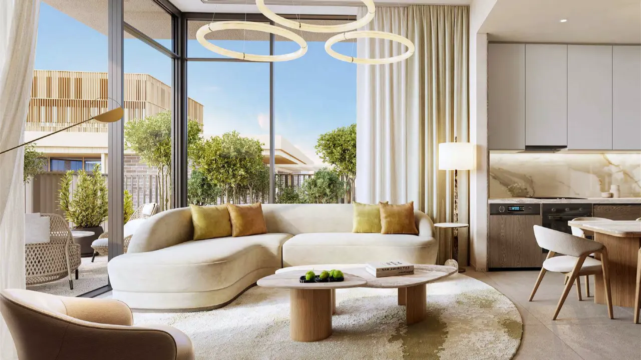 Arancia at The Yards by Beyond Developments apartment living room and open kitchen interior in Dubai Presented by Tohid Fetrat