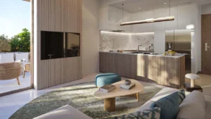 Arancia at The Yards by Beyond Developments apartment open plan kitchen and living area interior in Dubai Presented by Tohid Fetrat