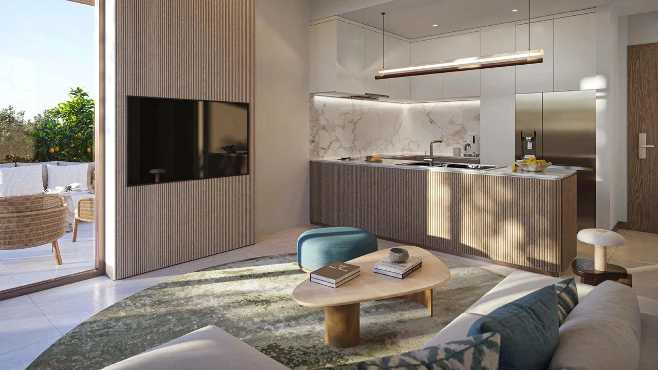 Arancia at The Yards by Beyond Developments apartment open plan kitchen and living area interior in Dubai Presented by Tohid Fetrat