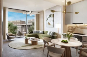 Arancia at The Yards by Beyond Developments 1 bedroom apartment living and kitchen area with contemporary interior design in Dubai - Presented by Tohid Fetrat
