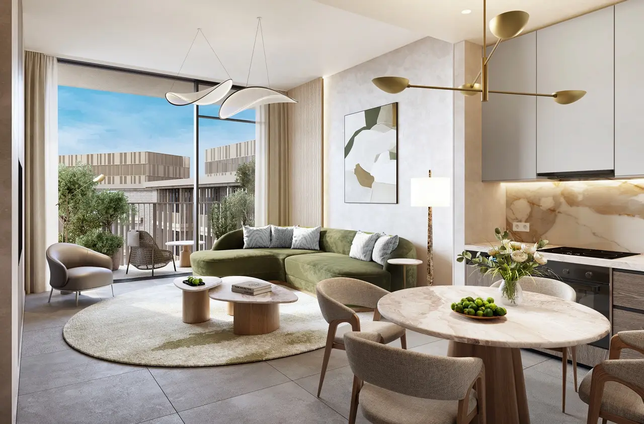 Arancia at The Yards by Beyond Developments 1 bedroom apartment living and kitchen area with contemporary interior design in Dubai - Presented by Tohid Fetrat