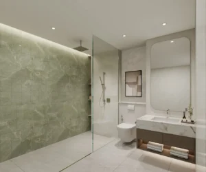 Arancia at The Yards by Beyond Developments 2 bedroom apartment bathroom with walk in shower and contemporary finishes in Dubai - Presented by Tohid Fetrat