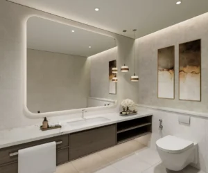 Arancia at The Yards by Beyond Developments 2 bedroom powder room with contemporary vanity and elegant finishes in Dubai - Presented by Tohid Fetrat