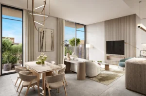 Arancia at The Yards by Beyond Developments 3 bedroom apartment living room with dining area and contemporary interior design in Dubai - Presented by Tohid Fetrat