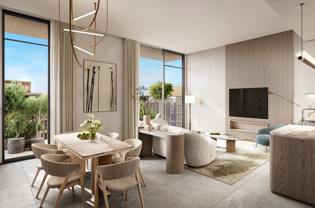 Arancia at The Yards by Beyond Developments 3 bedroom apartment living room with dining area and contemporary interior design in Dubai - Presented by Tohid Fetrat