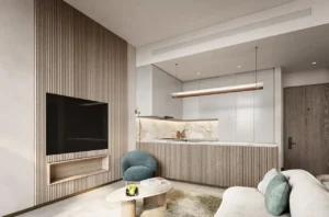 Arancia at The Yards by Beyond Developments 3 bedroom apartment living room and open kitchen with contemporary interior design in Dubai - Presented by Tohid Fetrat