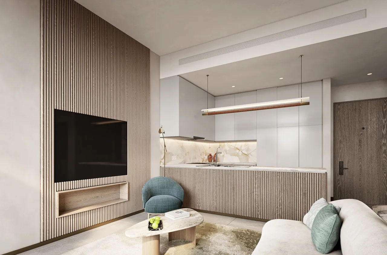 Arancia at The Yards by Beyond Developments 3 bedroom apartment living room and open kitchen with contemporary interior design in Dubai - Presented by Tohid Fetrat