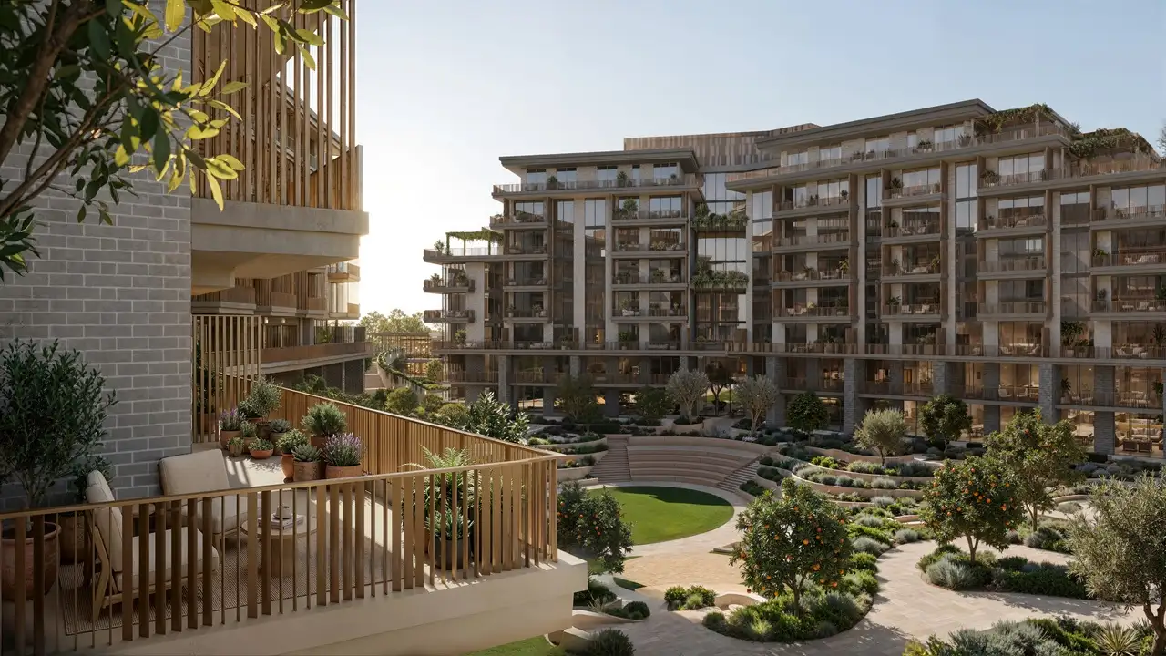 Arancia at The Yards by Beyond Developments balcony overlooking the sunken courtyard and landscaped gardens in Dubai - Presented by Tohid Fetrat