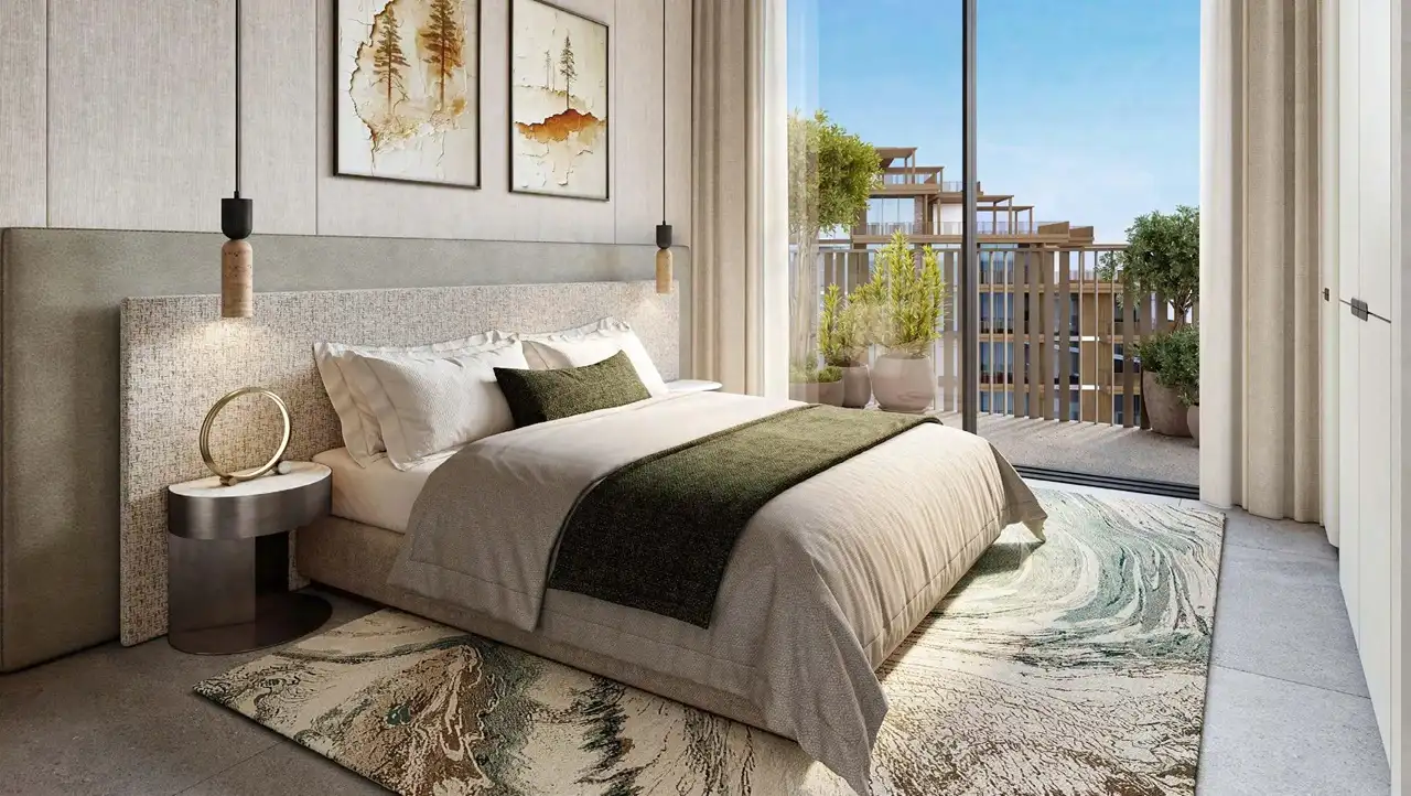 Arancia at The Yards by Beyond Developments contemporary bedroom interior with floor to ceiling windows and private terrace view in Dubai Presented by Tohid Fetrat
