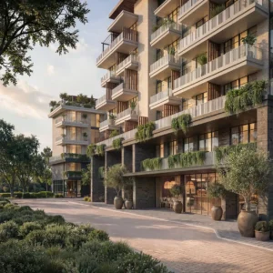 Arancia at The Yards by Beyond Developments residential building facade with landscaped balconies and pedestrian boulevard in Dubai - Presented by Tohid Fetrat