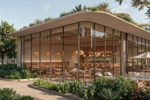 Arancia at The Yards by Beyond Developments clubhouse cafe with indoor outdoor seating and landscaped surroundings in Dubai Presented by Tohid Fetrat