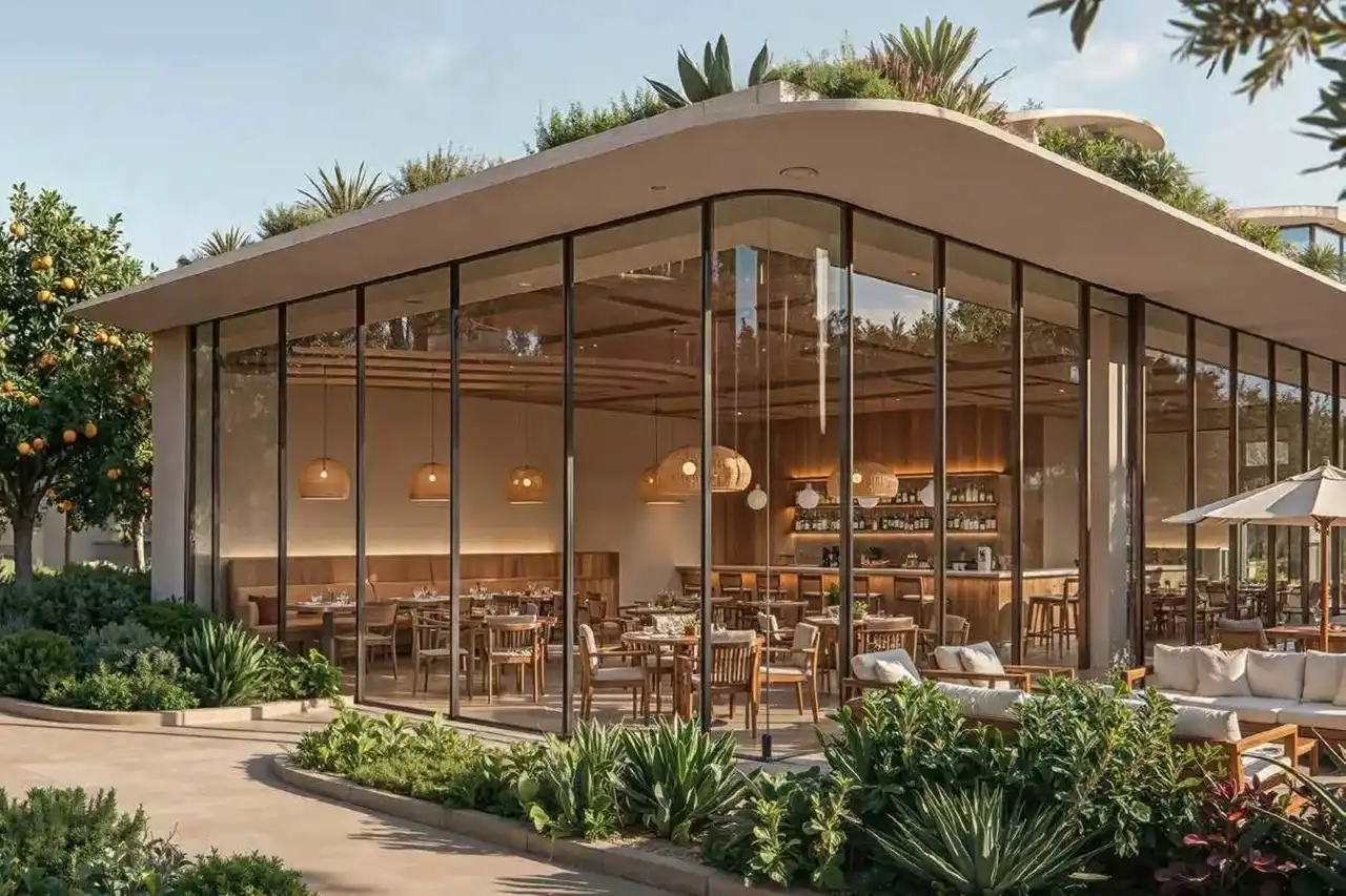 Arancia at The Yards by Beyond Developments clubhouse cafe with indoor outdoor seating and landscaped surroundings in Dubai Presented by Tohid Fetrat