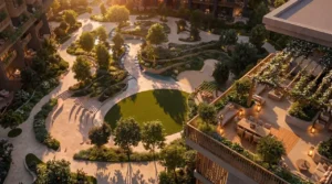 Arancia at The Yards by Beyond Developments aerial sunset view of the landscaped courtyard, rooftop terrace, and outdoor amenities in Dubai - Presented by Tohid Fetrat