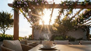 Arancia at The Yards by Beyond Developments garden pergola with outdoor seating and morning sunlight in Dubai - Presented by Tohid Fetrat