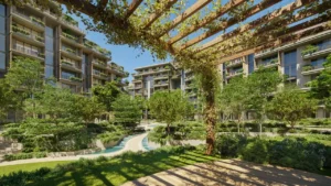 Arancia at The Yards by Beyond Developments garden promenade with pergola walkway and landscaped green spaces in Dubai - Presented by Tohid Fetrat