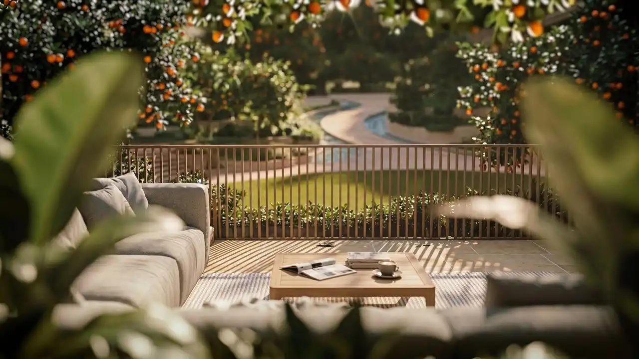 Arancia at The Yards by Beyond Developments private garden view terrace overlooking landscaped courtyards and citrus trees in Dubai - Presented by Tohid Fetrat