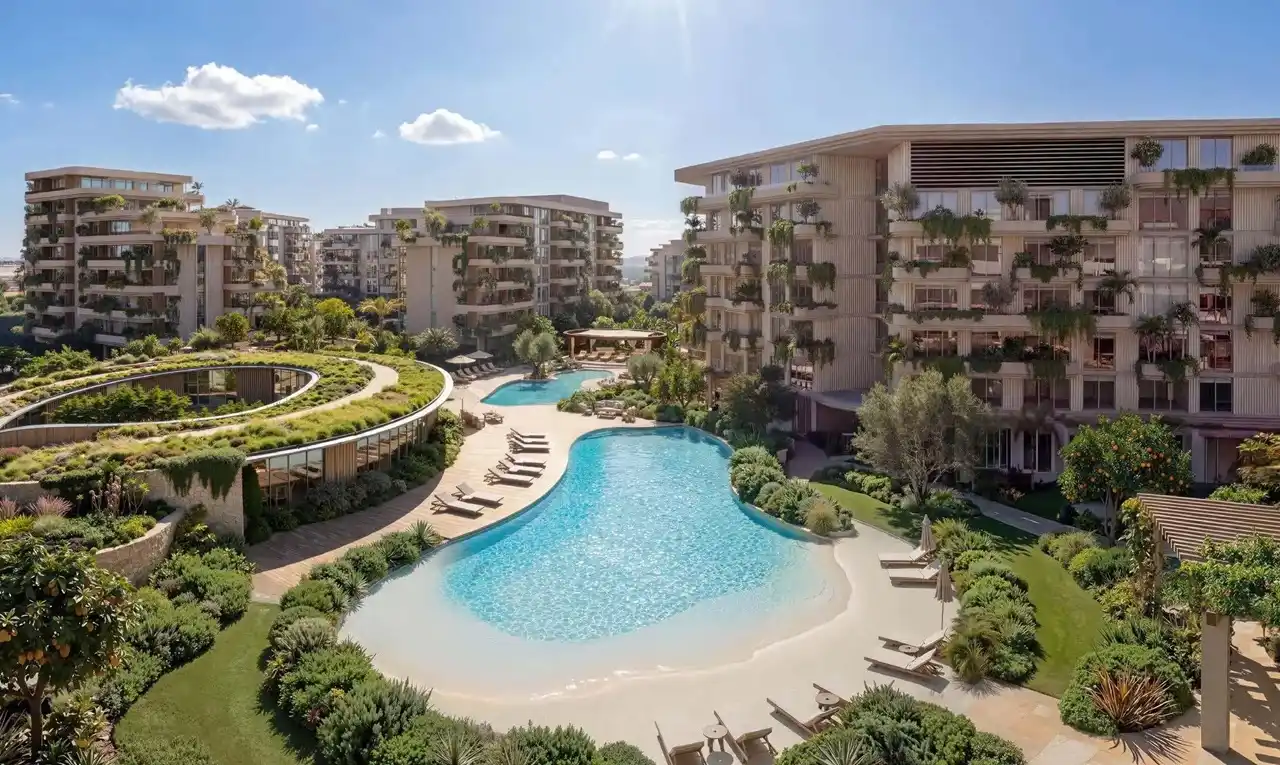 Arancia at The Yards by Beyond Developments lagoon style swimming pool surrounded by landscaped gardens and luxury residences in Dubai Presented by Tohid Fetrat