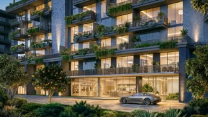 Arancia at The Yards by Beyond Developments apartments with landscaped balconies and illuminated facade in Dubai - Presented by Tohid Fetrat